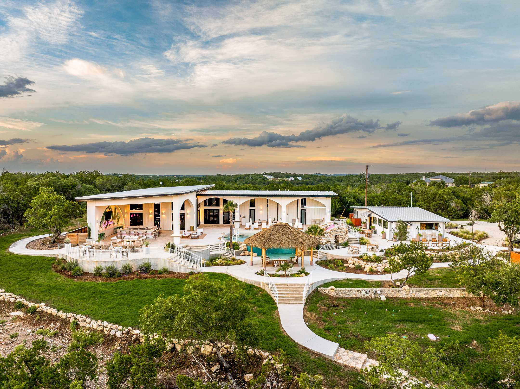 Aerial view of the Dripping Springs Social Resort hosted by Guest Spaces